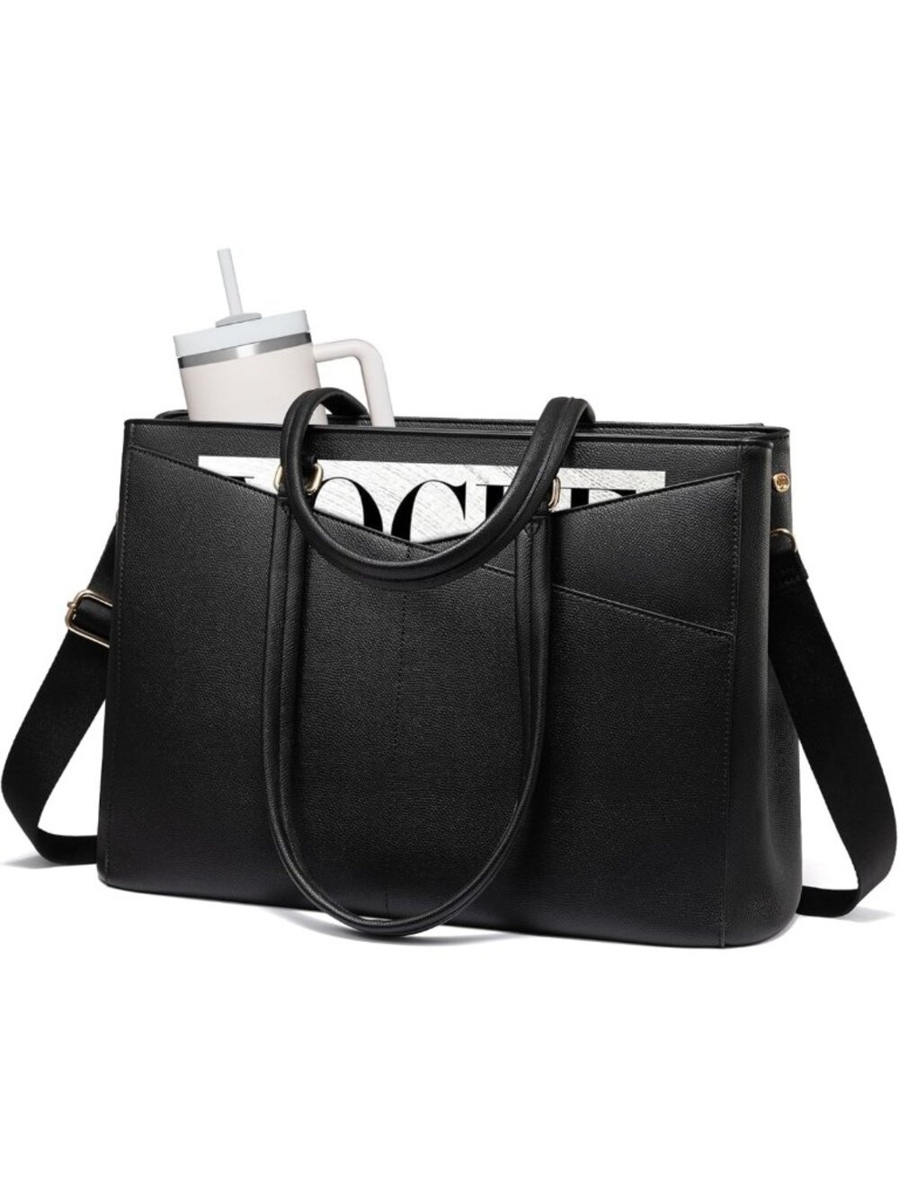 Stylish 15.6" Leather Laptop Tote Bag with Large Cup Holder for Work & Business